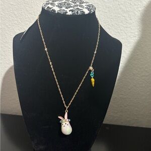 Betsey Johnson Gold Necklace with Pink Bunny and Yellow Carrot Charms